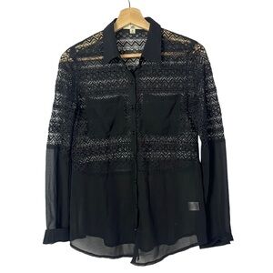 Ya Los Angeles Black Lace Chiffon Long Sleeve Button Down M
